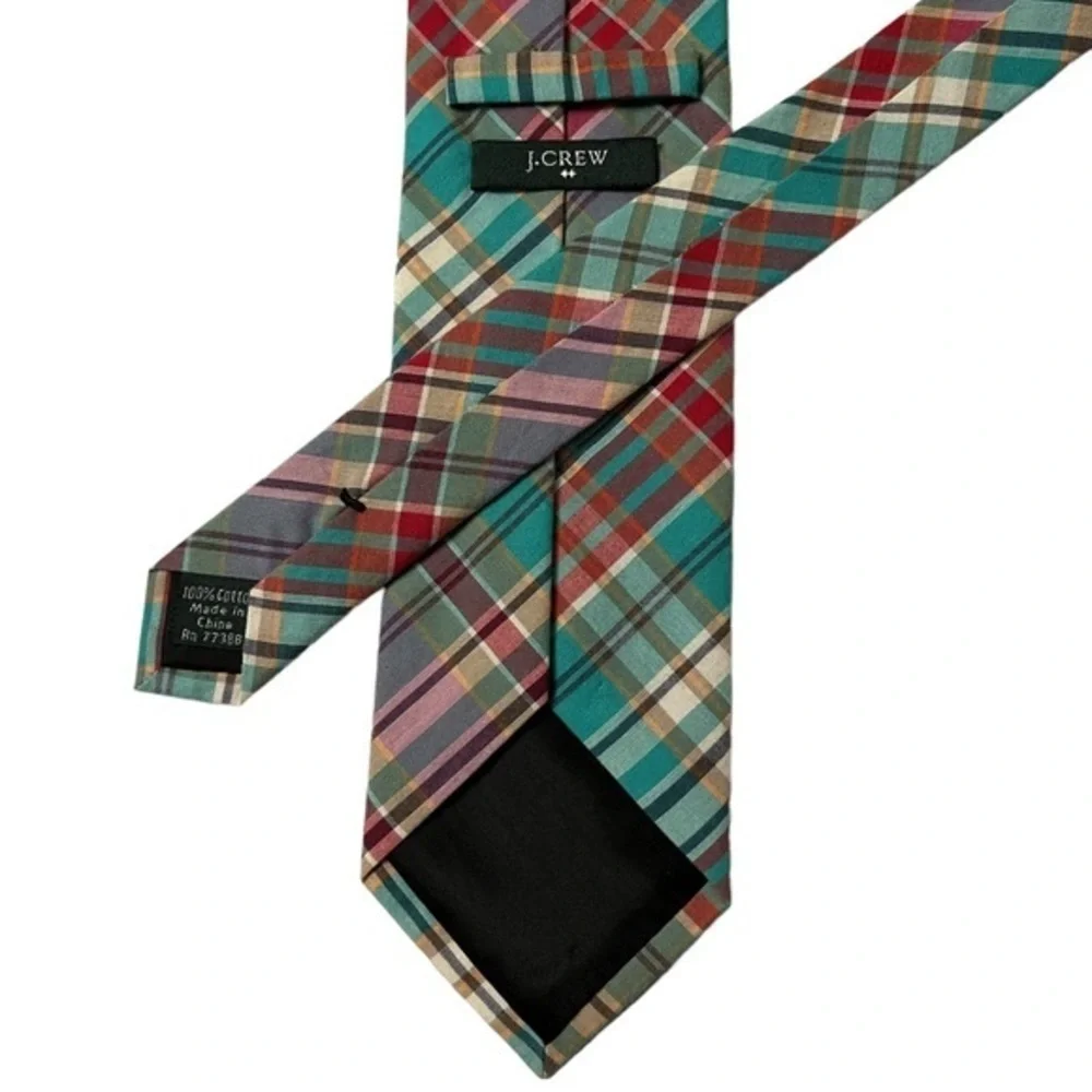 J. Crew 100% cotton madras plaid tie, turquoise, red white summer
